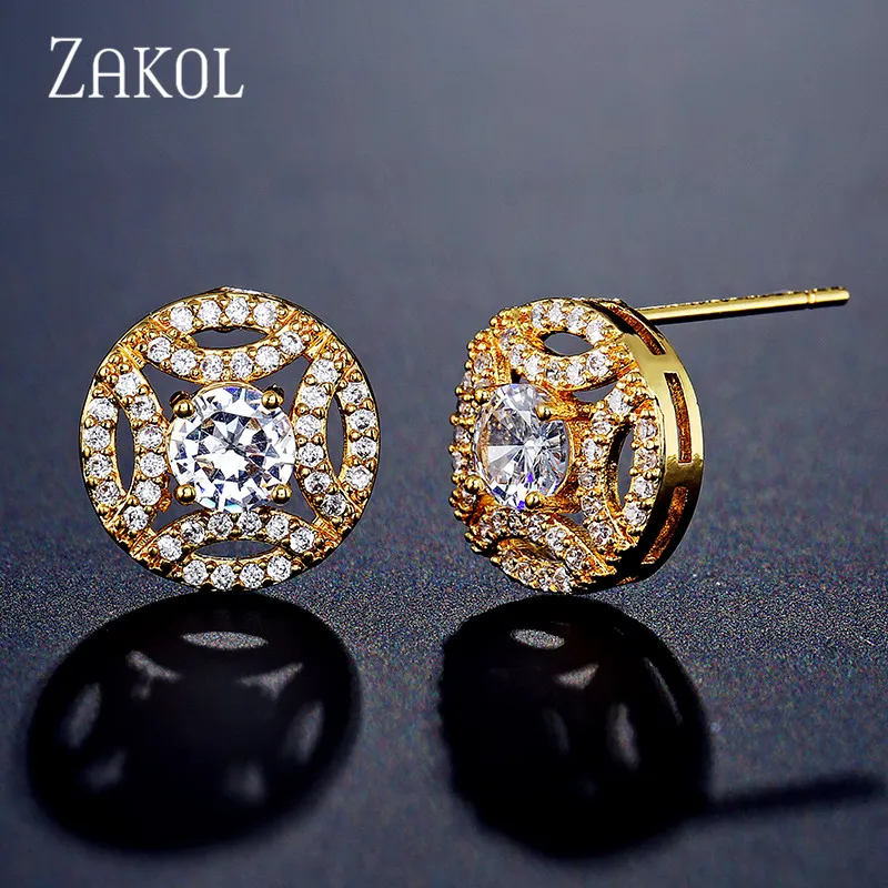 Gold Color Высококачественные круглые серьги-гвоздики с кубическим цирконием для женщин и девушек, серьги-гвоздики с кристаллами CZ золотого цвета FSEP2255 - Окраска металла: Gold Color