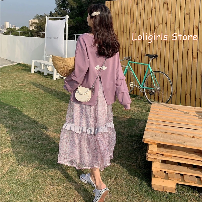 Осень 2020 новинка свободная юбка в сеточку с цветочным принтом милая толстовка