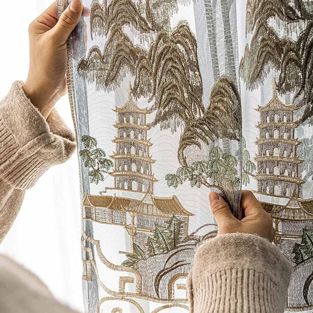 

Curtains for Living Room Embroidered Tower VoileBedroom Chinese Hangzhou Leifeng Tower Pattern Sliding Door Window Drapes