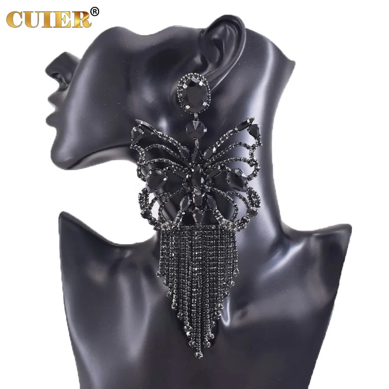 

CUIER 6.3" Gorgeous Butterfly Crystal Tassel Drop Earring for Women Big Size Wedding Earrings Jewelry Accessories for stage