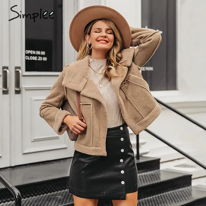 Simplee, модное замшевое лоскутное Женское пальто с искусственным мехом, Осень-зима, большие карманы, женские теплые куртки, верхняя одежда, Офисная Женская верхняя одежда