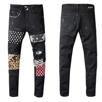 new mens black applique print ripped beggar jeans casual slim high street fashion brand mens denim trousers plus size 38 40