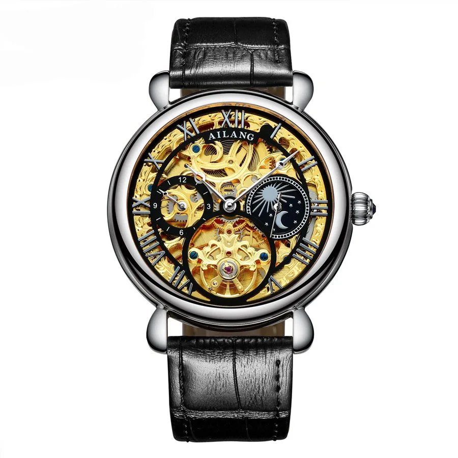AILANG Moon Phase, мужские винтажные автоматические механические часы, мужские часы со скелетом, s Tourbillon, часы, лучший бренд, Роскошные, Новинка - Цвет: Silver Black