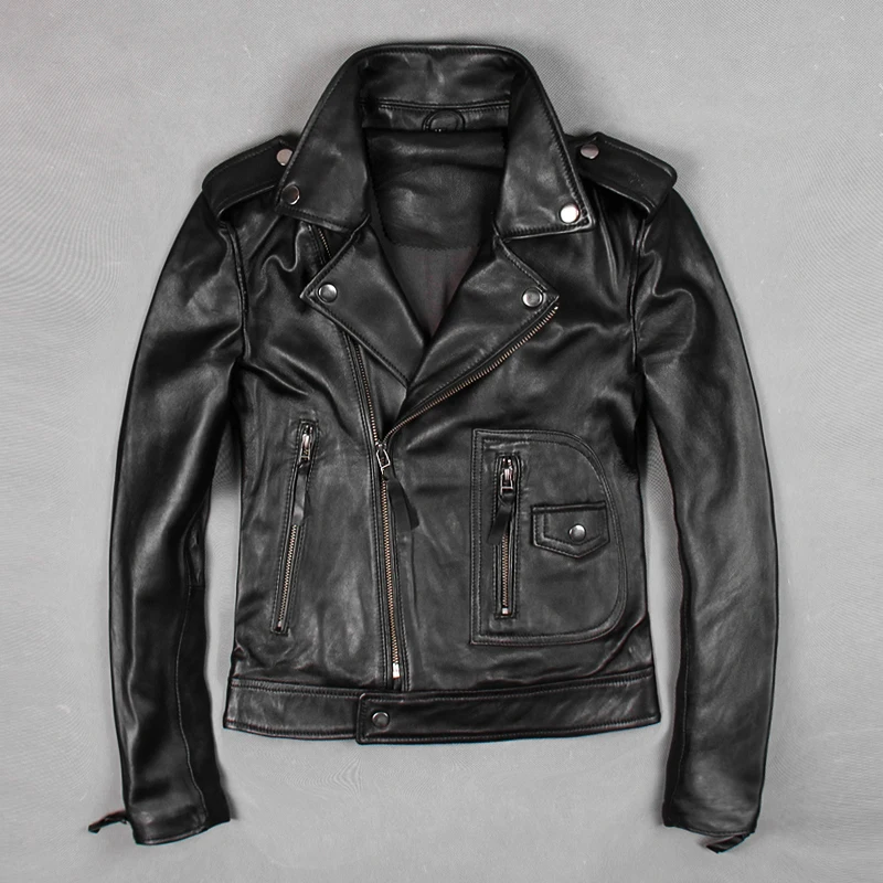 Осенняя женская короткая мотоциклетная куртка из натуральной овечьей кожи