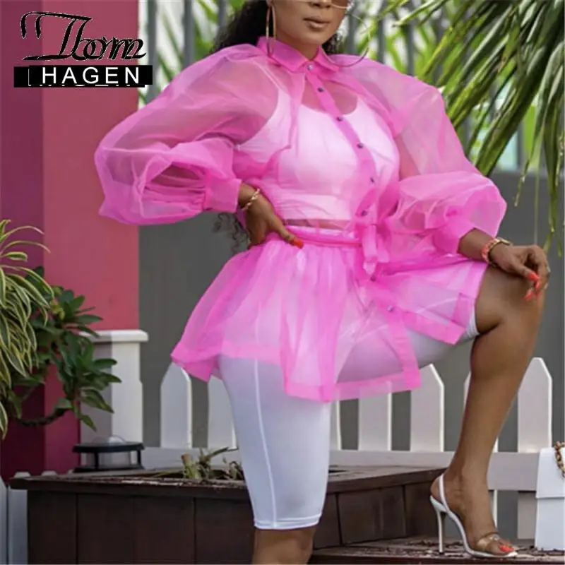 Женская прозрачная блузка Tom Hagen элегантная тонкая с рукавами фонариками большие