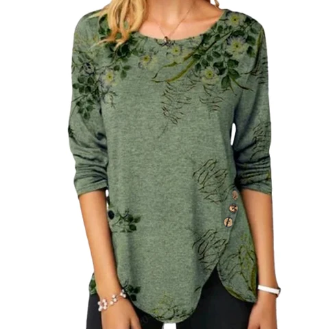 Women Blouse Long Sleeve Tunic Top Floral Print Irregular Buttons Hem Blouse women clothes blusas mujer de moda 2022