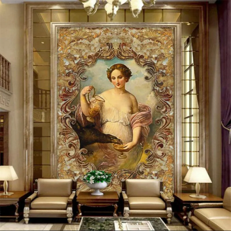 European Style Oil Painting Girl Angel Eagle Marble Vestibule Mural Wallpapers for Living Room Bedroom 3D Wall Papers Home Decor