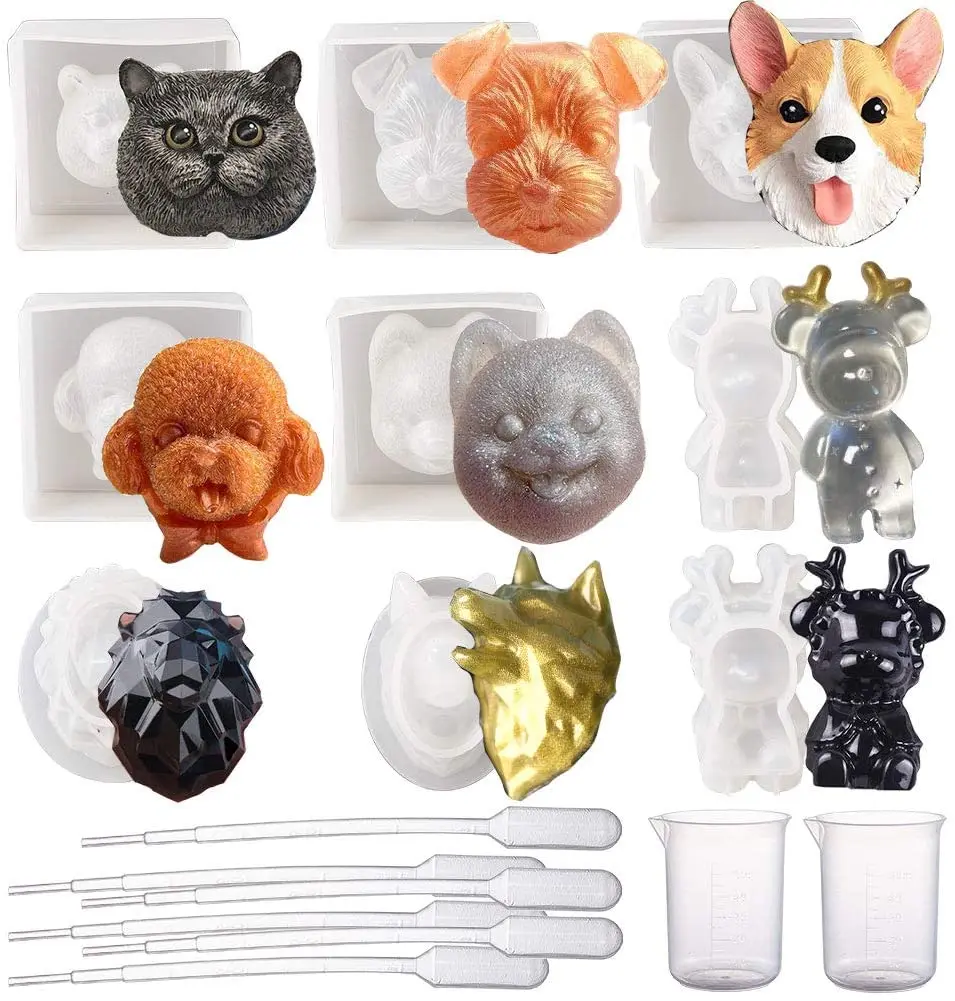 

21 pieces of 9 animal silicone suits with bear and wolf head resin straw measuring cup resin casting mold DIY jewelry making