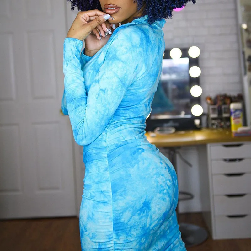 

Women'S Dress 2021 Tie-Dye Slim Casual Dress Female Long Sleeved Midi Dresses Sexy Zipper Neckline Skirt Summer Autumn Dress