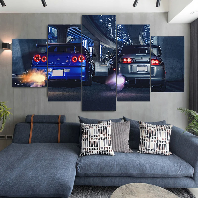 

5 Pieces of Wall Hanging Art Street GTR R34 VS Supra Vehicle Modern Poster HD Printing Living Room Home Decoration Without Frame