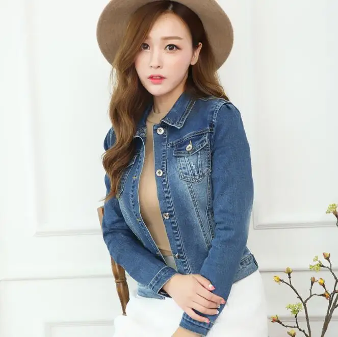 

2021 New Quality Denim Jacket Women's Spring Autumn Long Sleeve Stretch Short Denim Jacket Blue Female Jacket