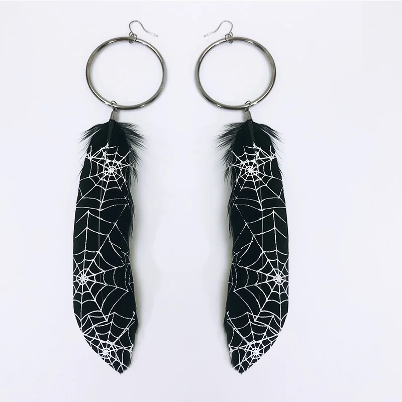 

Cpop Vintage Halloween Feather Earrings Big Long Skull Circle Pendant Statement Earrings Women Jewelry Accessories Gift Hot Sale