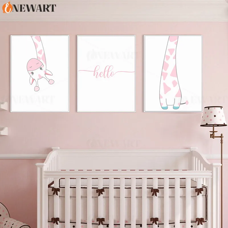 Розовый Жираф Печать Nodic Декор детской стены плакат дети Спальня украшение