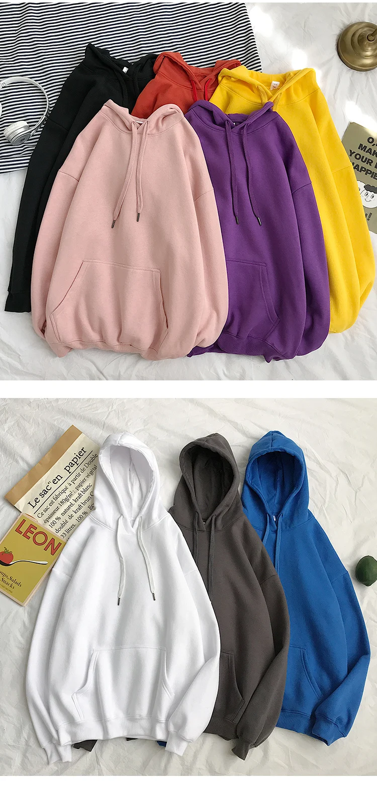 

Plus Velet Solid Color Sweatshirts Women Harajuku 13 Colors Oversize Hoodie Japanese Korean Style Casual Hooded Pullover Hoody