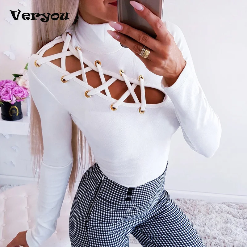 

2021 Fashion Women T Shirt Sexy Autumn High Collar Solid Hollow Out Long Sleeve Shirt Women Tops Slim White Shirts Tee Tshirt