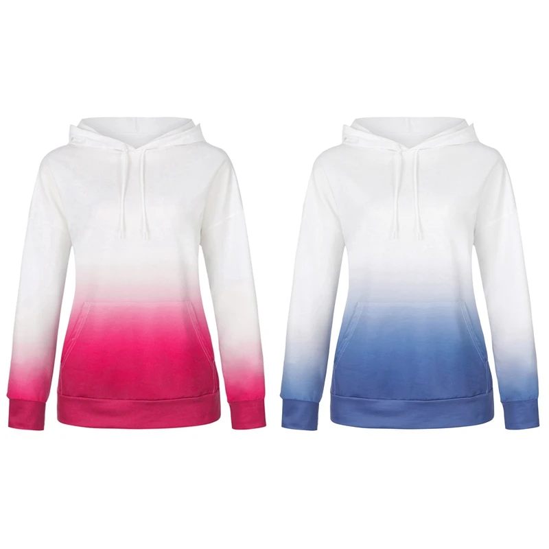

2X Women Hoodies Gradient Color Long Sleeve Pullover Hoodies Streetwear Hoodies Loose Tops XXL Red & Blue