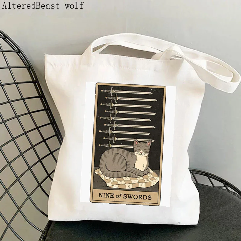 

Women Shopper bag Nine of Swords cat Tarot Kawaii Bag Harajuku Shopping Canvas Shopper Bag girl handbag Tote Shoulder Lady Bag