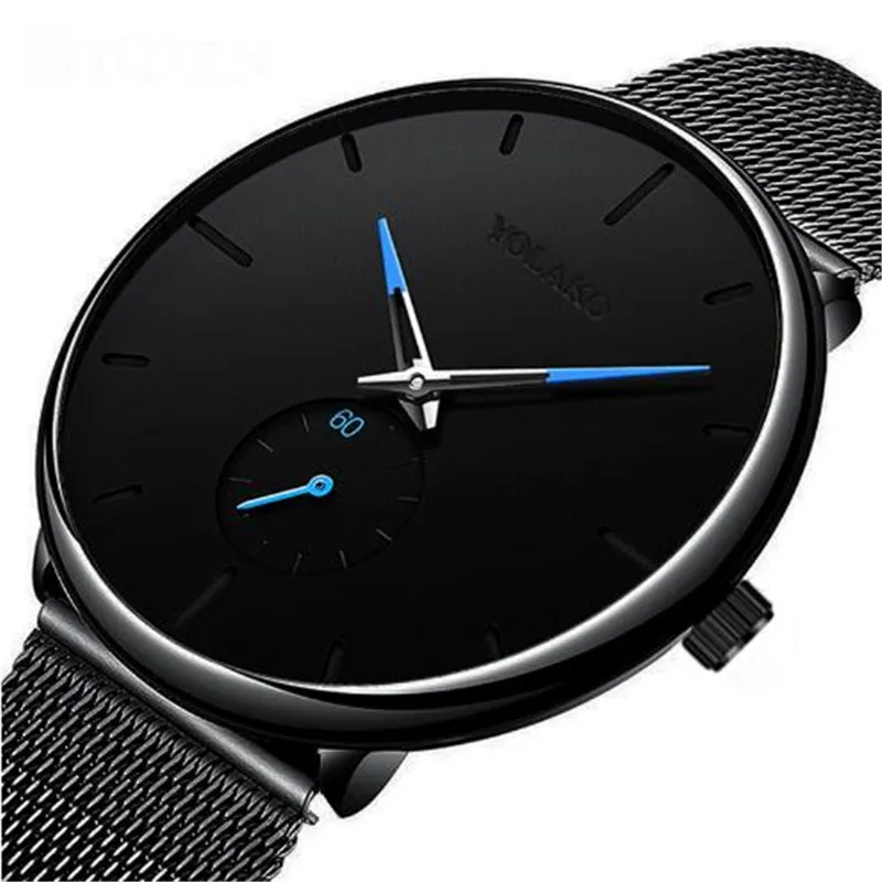 Мужские повседневные тонкие черные наручные часы из сетчатой стали спортивные