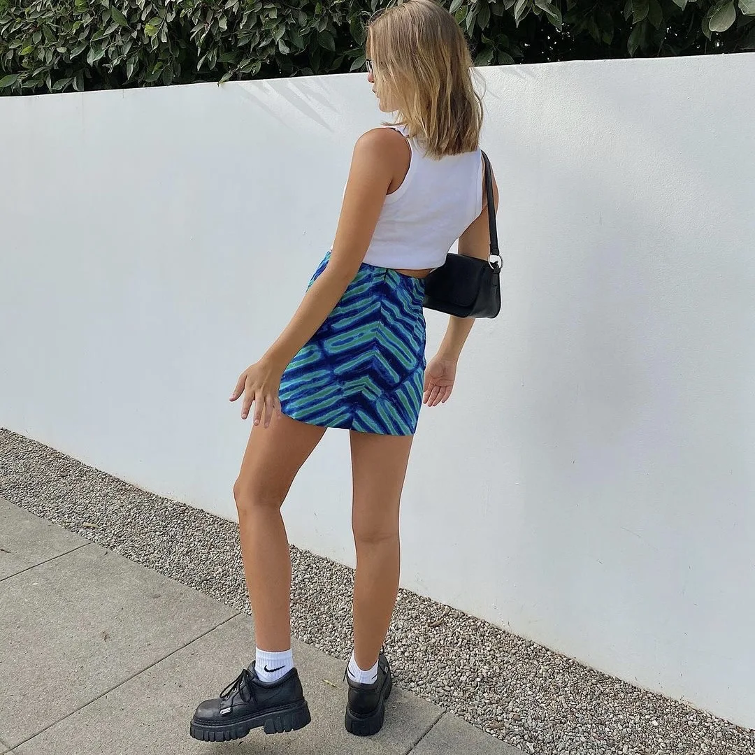 

Vintage Harajuku Women's Bodycon Mini 2000s 90s Aesthetic Kawaii E Girl Skirt High Waist Irregular Striped Print Zip Up