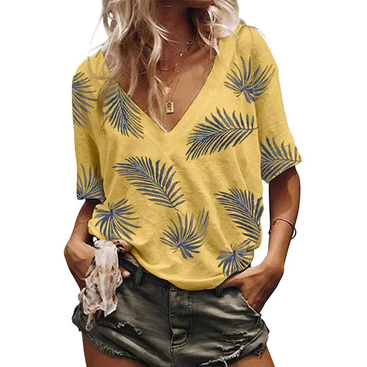 

2021 Summer New Women's Loose Printed V-neck Short-Sleeved Chiffon T-shirt