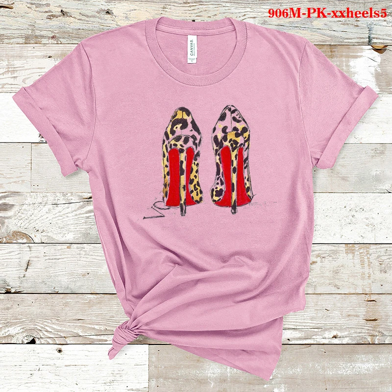

Summer Leopard High Heels Shoes Print T Shirt Femme Funny Tshirt 2021 Women Clothes 90s Hipster Streetwear Gothic Tops
