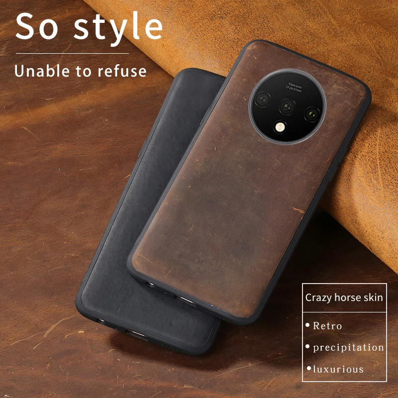 

Cowhide leather case For Oneplus 7T 7TPro 6 6T Shockproof cover For One Plus 6T 7 T 360 Full Protective Crazy Horse skin cover