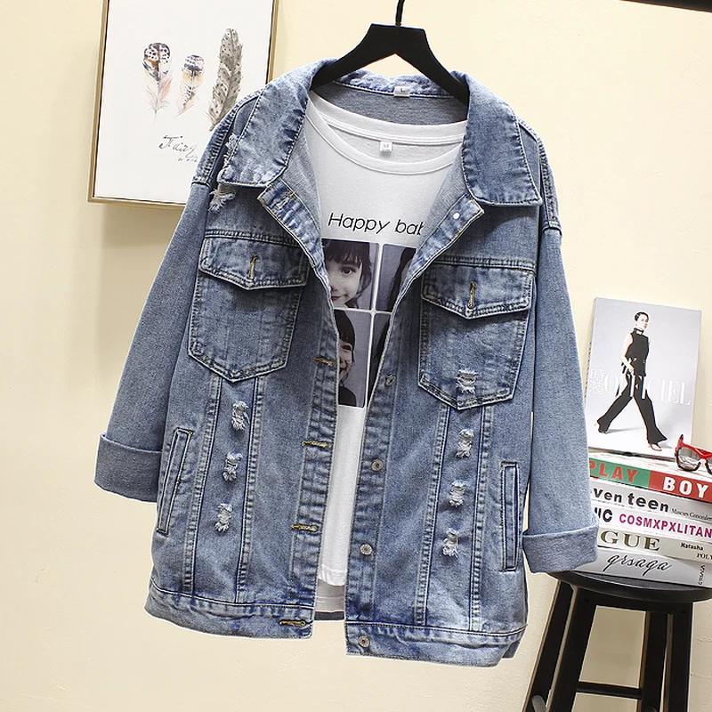 

2020 BF Spring Autumn Harajuku Printed Frayed Beading Denim Jacket Loose Casual Jeans Jacket Women Coat Outwear Female Jacket