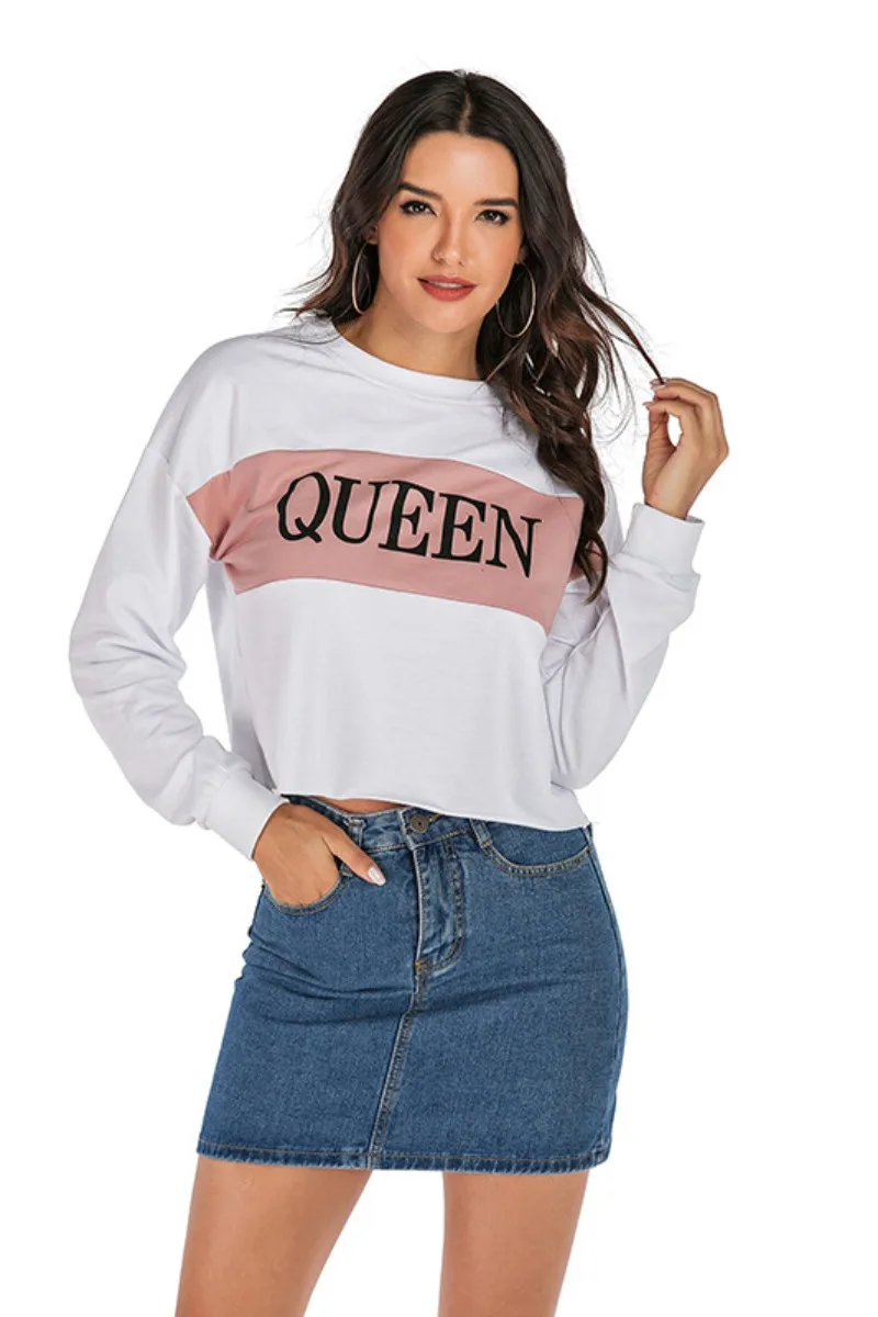 

2020 Autumn Sexy Short Crop Top Cutton Sweatshirts for Women Pullover QUEEN Letter Print Hoodie