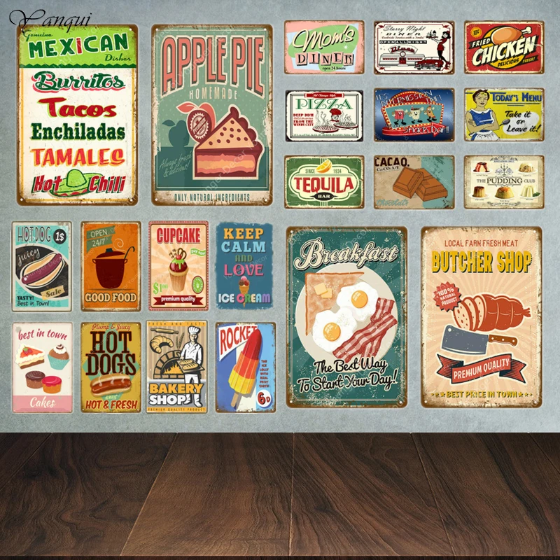 Оловянные знаки на завтрак фаст фуд табличка для мясника магазина винтажный