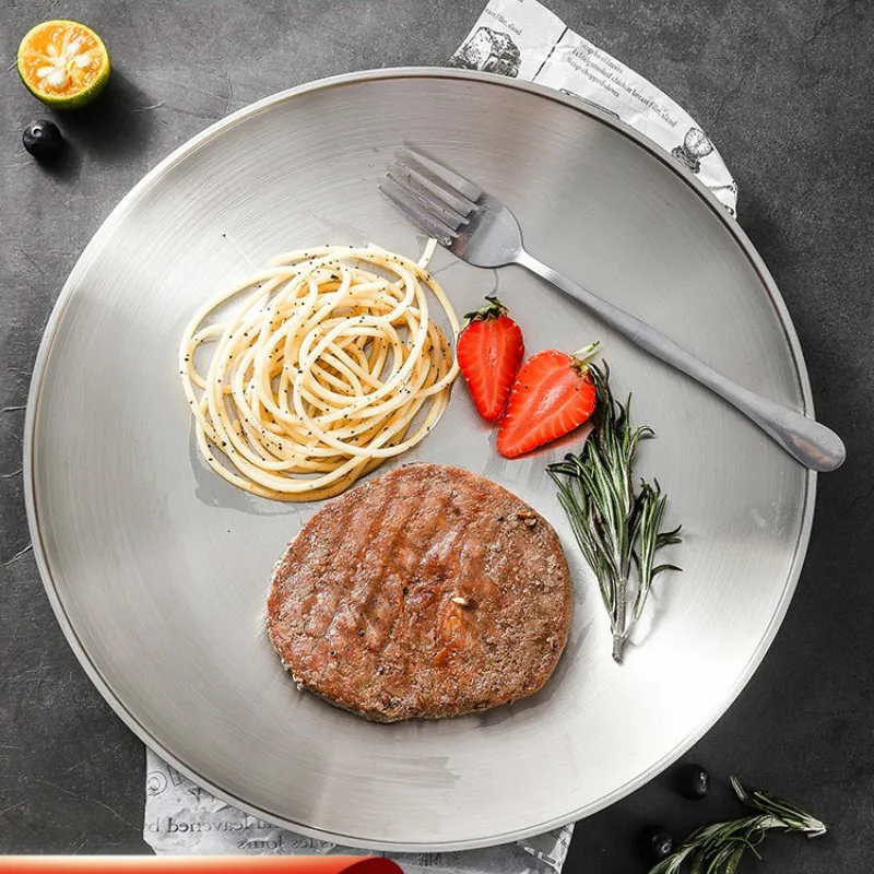 

Набор тарелок из нержавеющей стали, креативная круглая обеденная тарелка с простым стейком, большой плоский набор, столовая посуда, DI50CJ