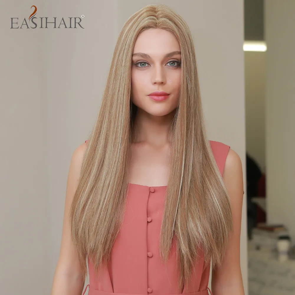 

EASIHAIR Long Silky Straight Brown Blonde Highlight Lace Front Wigs Cosplay High Density Heat Resistant Synthetic Wigs for Women