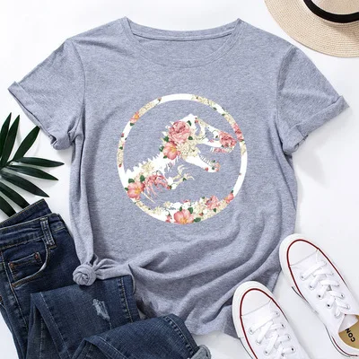 

100%Cotton Tshirt Harajuku Women Flower Dinosaur Print Short Sleeve T-shirt Plus Size S-5XL Woman Clothes Funny Graphic Tops