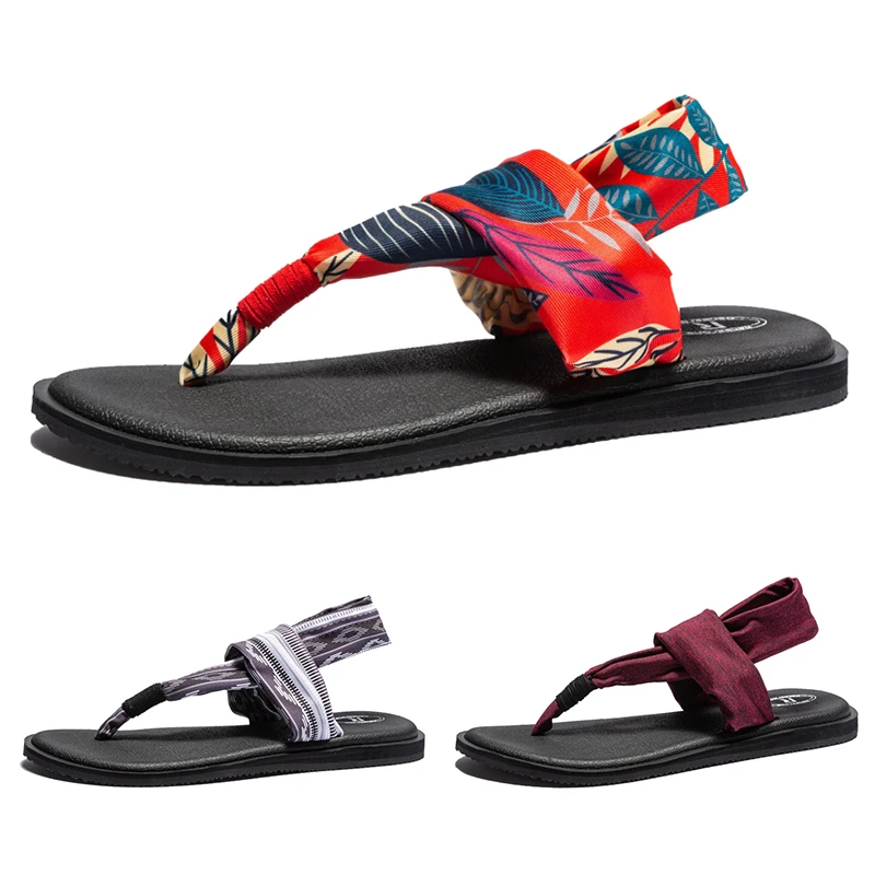 

Women Yoga Sling Brand Summer Sandals Retro Shoes Female Elastic Straps Comfy Flats Beach Shoes Women Flip Flops Big Size 36-44