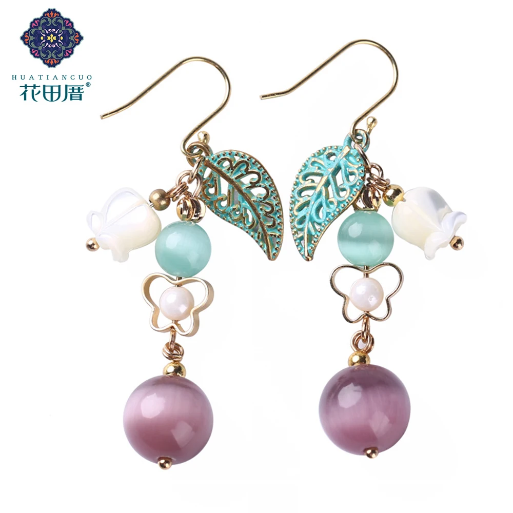 

Purple Pendant Imitation Opal Bead Green Leaves Dangle Earrings Ear Hook 2019 China Summer Trendy Handmade EZ-18041