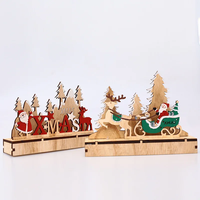 

2022 Christmas Jewelry Decoration Wooden Lights Ornaments Chrismas Gifts Small Scene Santa Claus Deer Cart Home Decor Pendant