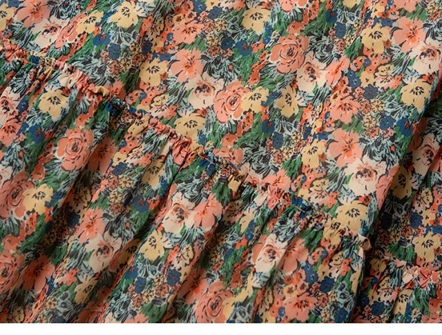 

2021 Autumn Women's Midi Dress Oil Painting Floral Cross Long Lantern Sleeve V-Neck Slim Waist Two Pieces Set Lady Vintage Robe