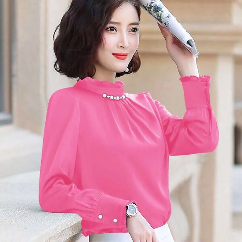 

Korean Fashion Silk Women Blouses Beading Satin Long Sleeve Women Shirts 5XL Blusas Femininas Elegante Ladies Tops