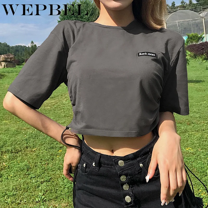 

WEPBEL Women Summer Drawstring Crop Top Casual Loose Short Sleeve O Neck Letter Embroidery Short Shirt