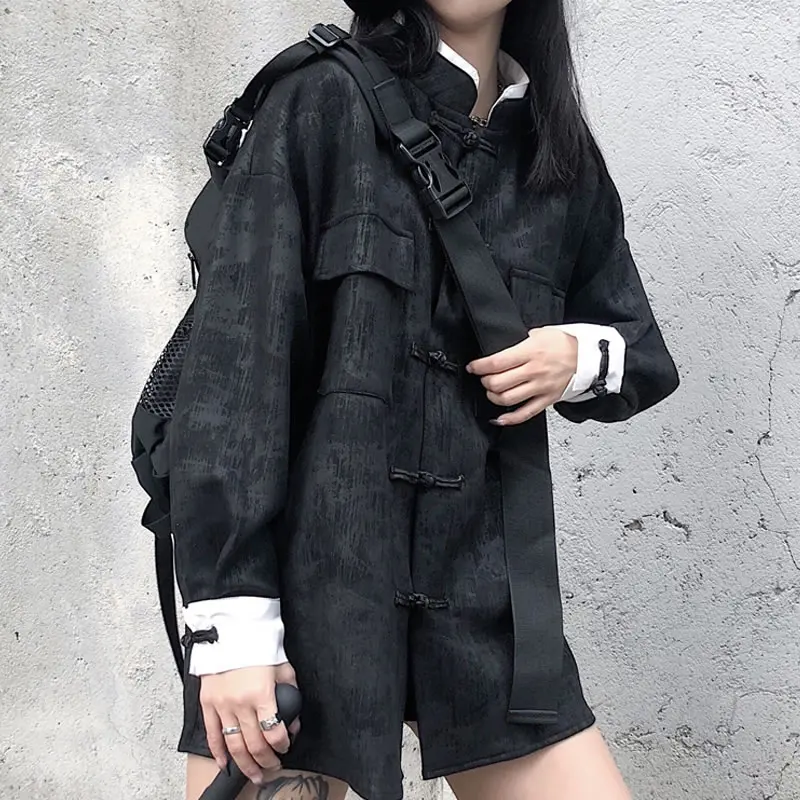 

XITAO Fashion Vintage Casual Shirt Women Spring Stand Collar Splicing Soil Buckle Loose Black All-match Trendy Top ZY3598