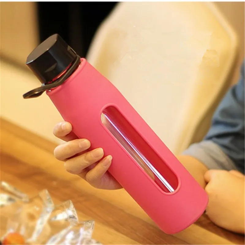 

New Sale 570ml Portable Handle Lid High Borosilicate Glass Water Bottle Sports&Outdoor Bicycle Kettle With Silica gel Body Cover