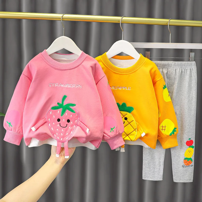 

2Pcs/Set Girls Kawaii Strawberry Sweatshirt Children's Clothing Kids Designer Clothes Sets Pink Casual Outfit Moletom Infantil