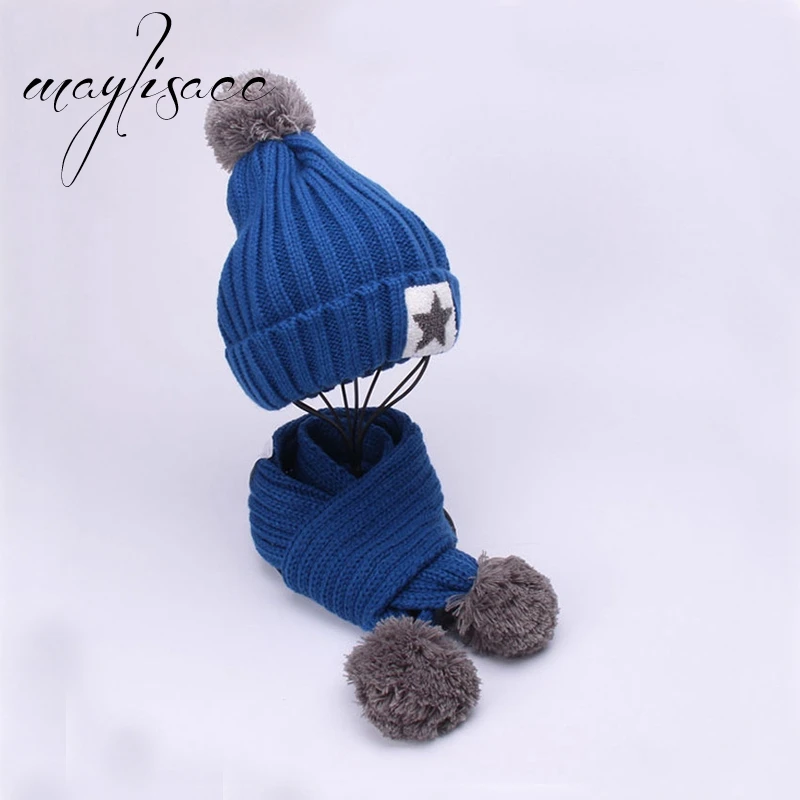 Maylisacc 7 цветов зима теплая вязаная шапка Кепки с шарфами утолщенной шерсть для 3 до