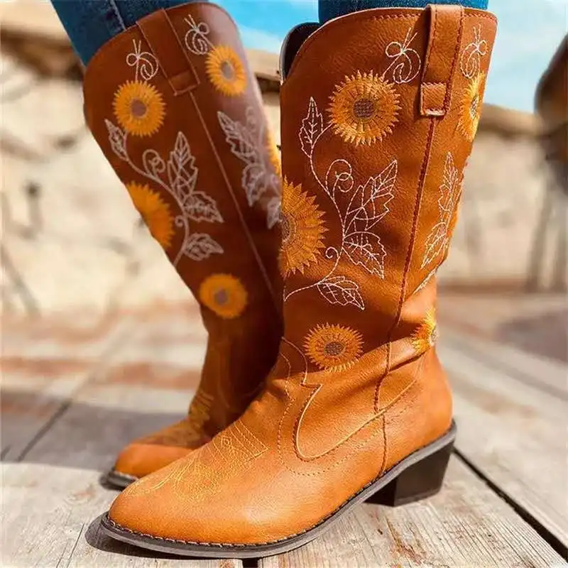 

Women Boots 2021 Autumn Sunflower Embroider Boots Pointed Toe Slip On Western Mid-calf Boots Waterproof Laides Winter Shoes