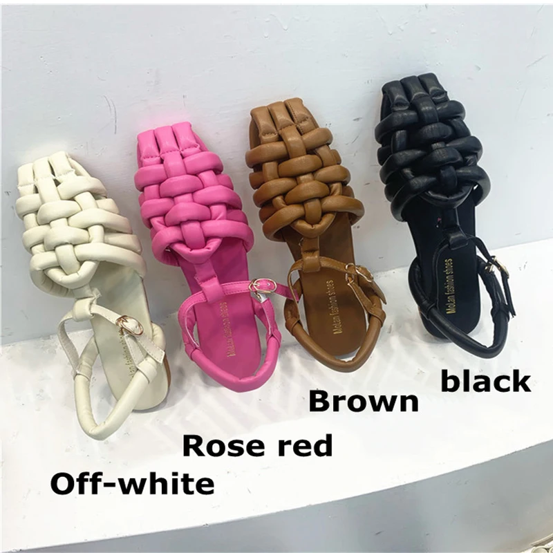 

2022 New Summer Brand Sandals Square Toes Weave The Design Women Tripping Flats Heels Chunky Single Shoes Zapatillas Mujer