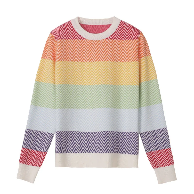 

Fannic Winter Fashion Loose Pullover Rainbow Striped Knitted Round Neck Long Sleeve Sweater Women