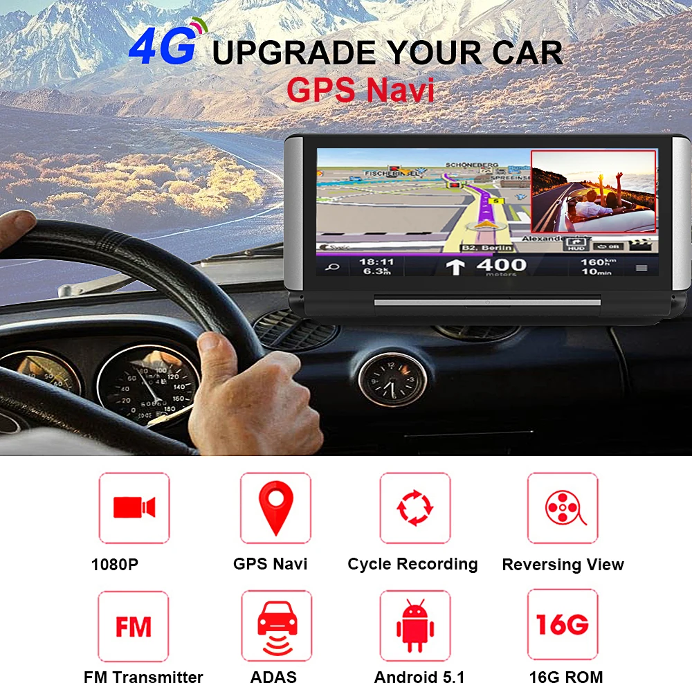 7-дюймовый автомобильный видеорегистратор 4G ADAS Android с GPS-навигацией FHD 1080P двойным