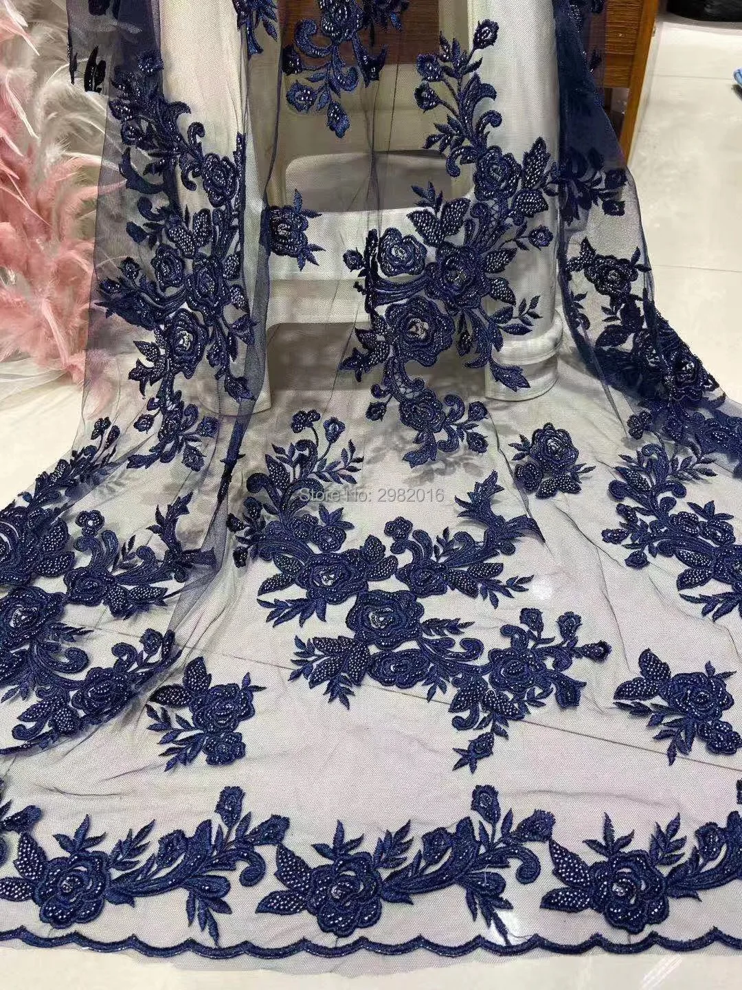 Темно-синяя тяжелая африканская кружевная ткань ручной работы с волнистым