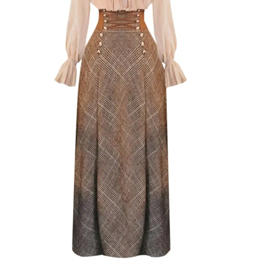 

Autumn winter vintage plaid long woolen skirt women high waist lace up big swing skirt a-line