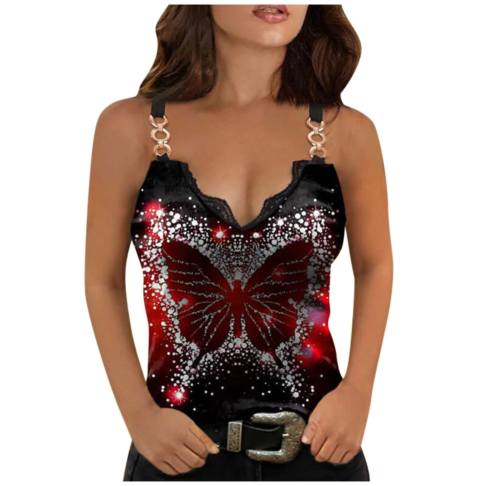 

Summer V-neck Print tops Strap Vest Fashion Slim Sleeveless Lace T-shirt Vintage Sexy Tank Top Women Butterfly Print Tshirt топ