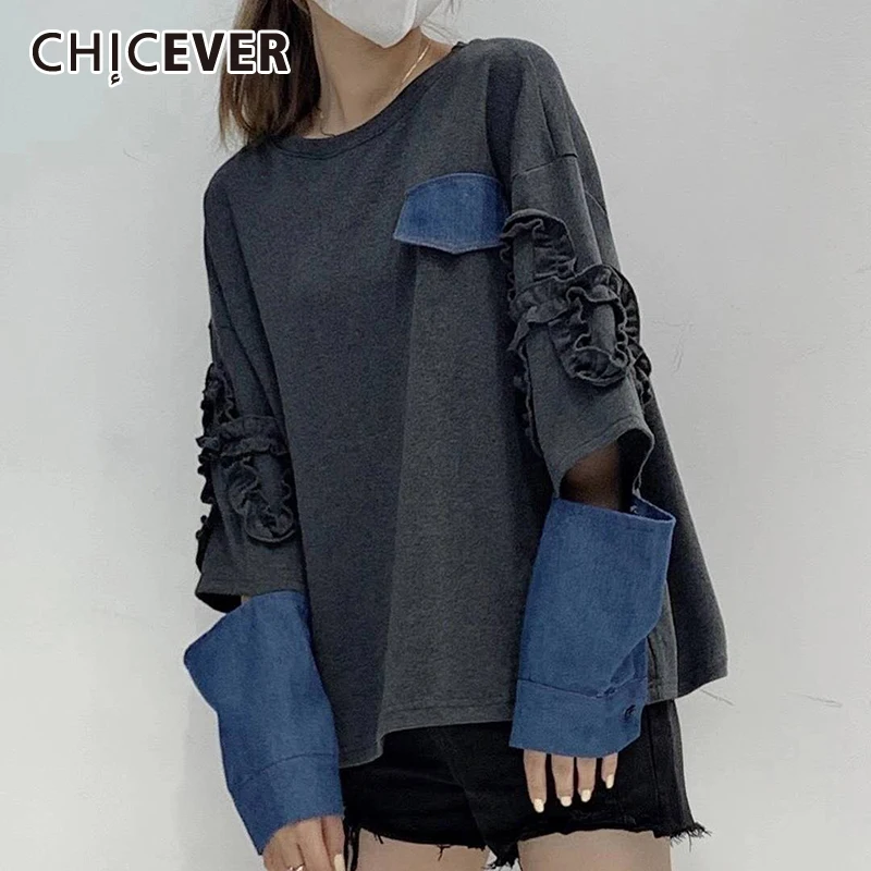 

CHICEVER Patchwork Hit Color T Shirt For Women O Neck Hollow Out Long Sleeve Woven Streetwear T Shirts Female Fashion 2020 Style